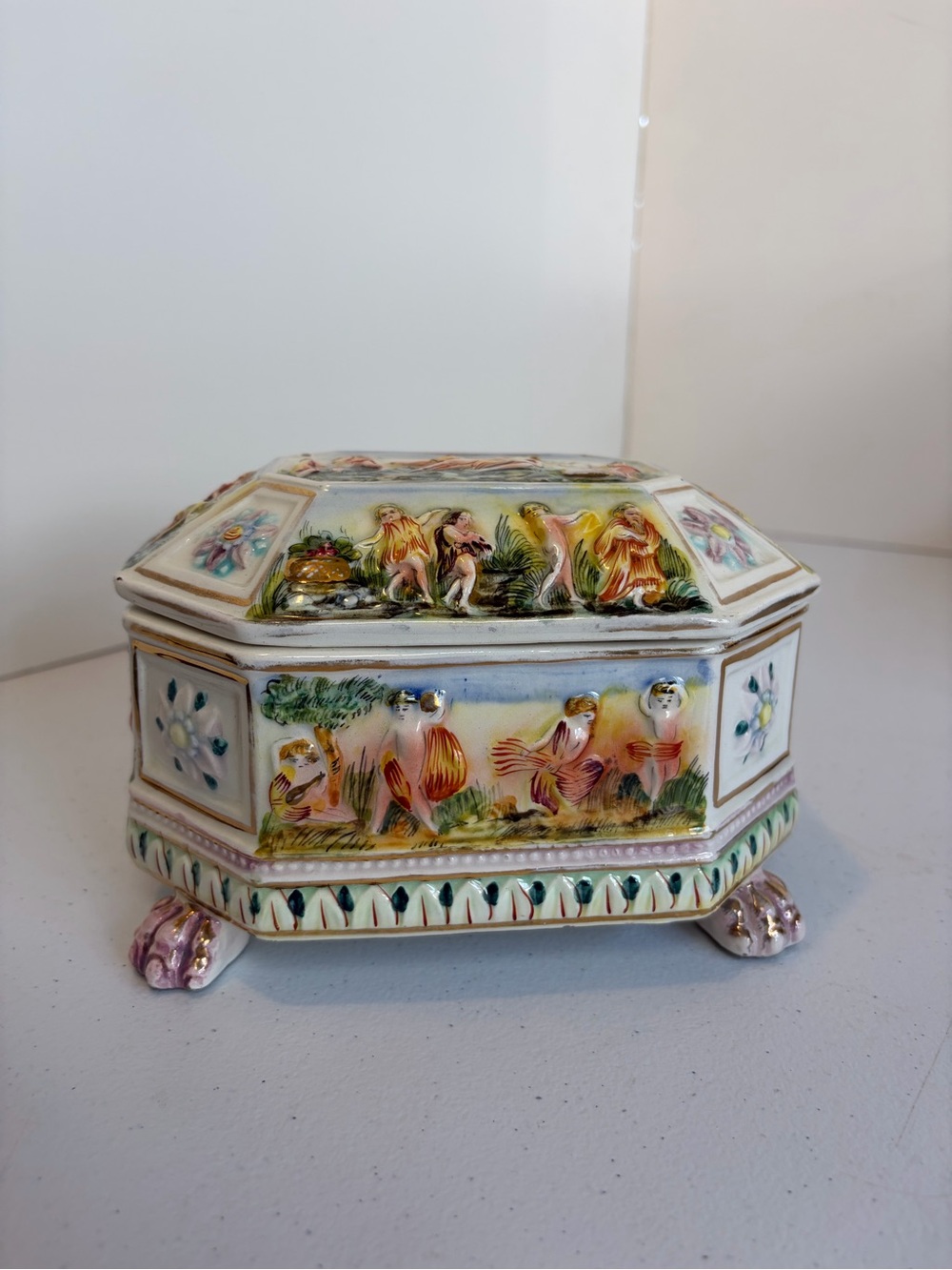 Vintage Italian Jewelry Trinket Box Capodimonte Relief Italy Fairy claw feet
